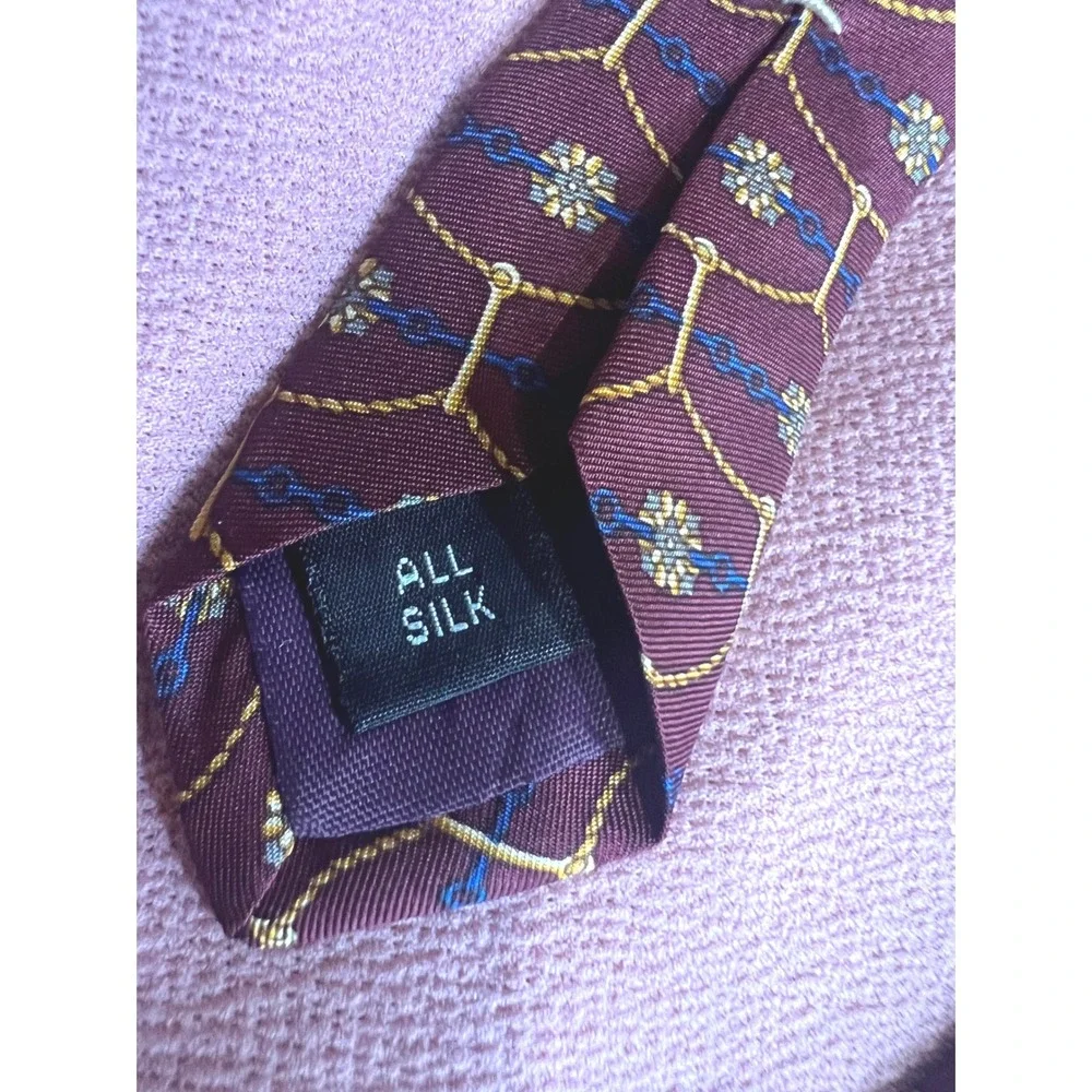 Tom James Mens Silk Tie Burgundy Gold Blue Geometric Chain Floral Pattern